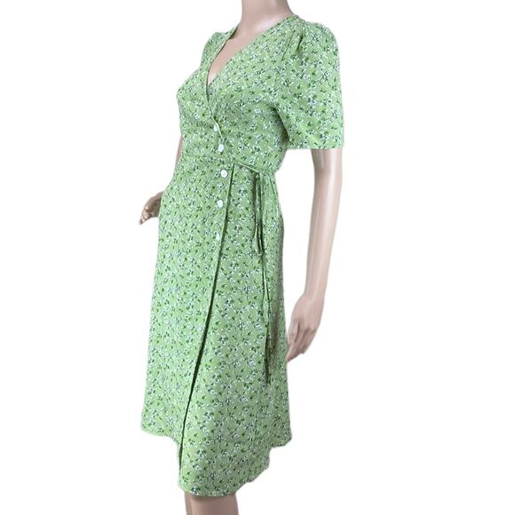 Rouje Green Floral Retro Knee Length Short Sleeve V-Neck Wrap Dress Size S - Picture 4 of 6